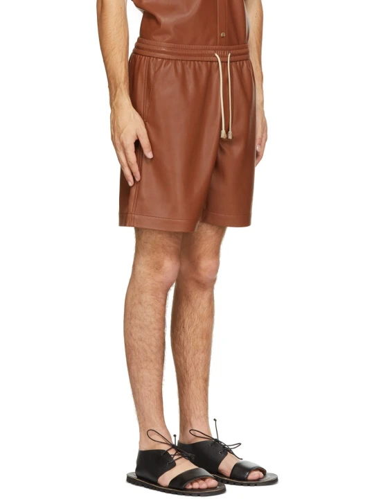 Men Elastic Waist With Drawstring Real Lambskin Brown Leather Bermuda Shorts