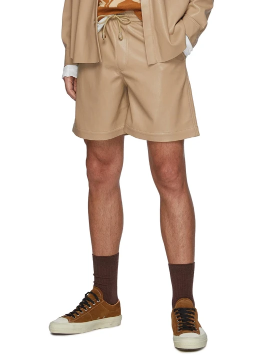 Men Elastic Waist With Drawstring Real Lambskin Cream Leather Bermuda Shorts