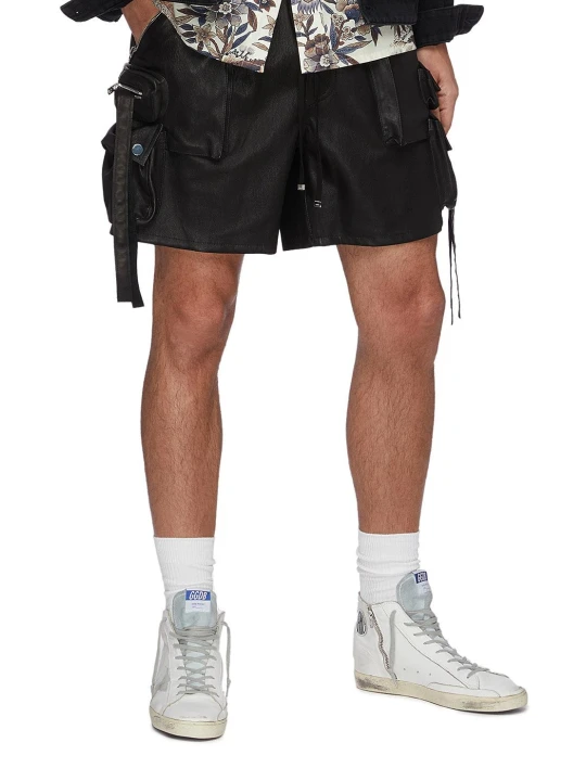 Men Elegant Style Real Lambskin Black Leather Cargo Shorts