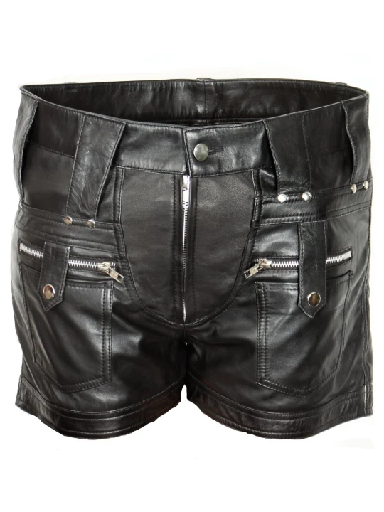 Men High Fashion Real Lambskin Black Leather Shorts