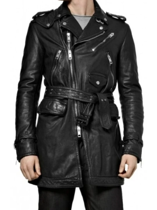 Men Biker Style Real Sheepskin Black Leather Coat