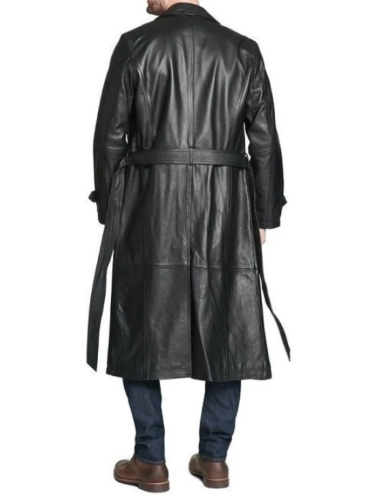 Men Edgy Real Sheepskin Black Leather Long Trench Coat