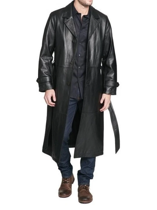Men Edgy Real Sheepskin Black Leather Long Trench Coat