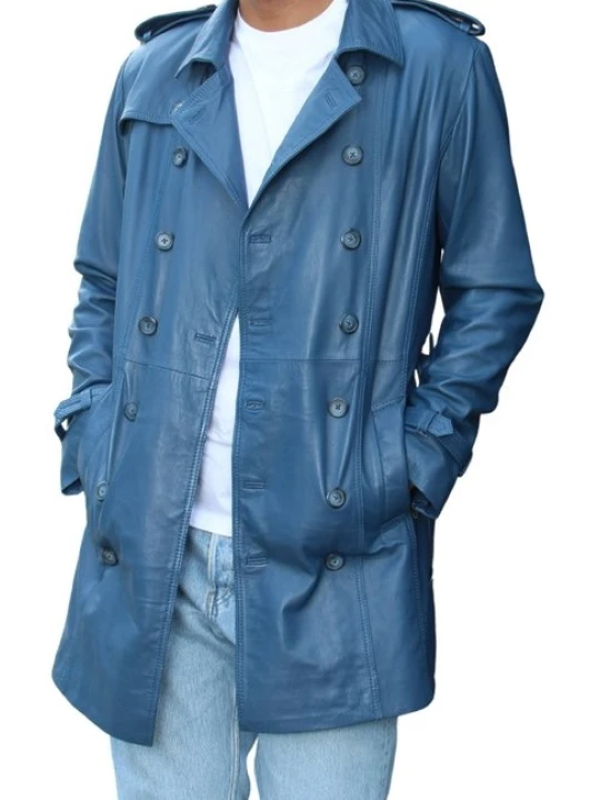 Men Fashionable Real Sheepskin Blue Leather Long Trench Coat