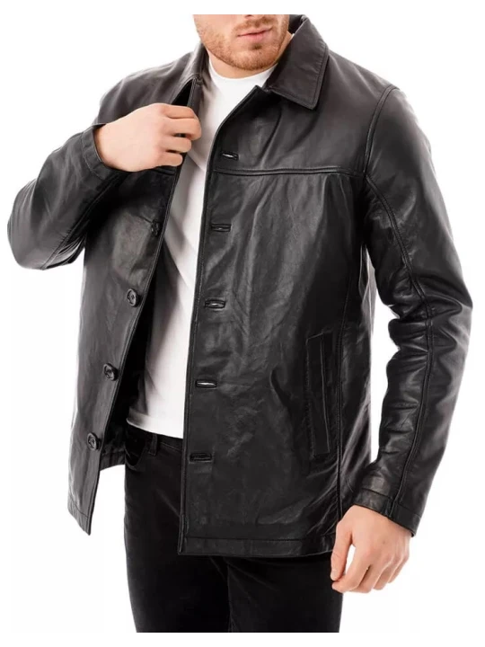 Men Front Buttons Real Sheepskin Black Leather Long Coat Men Front Buttons Real Sheepskin Black Leather Long Coat