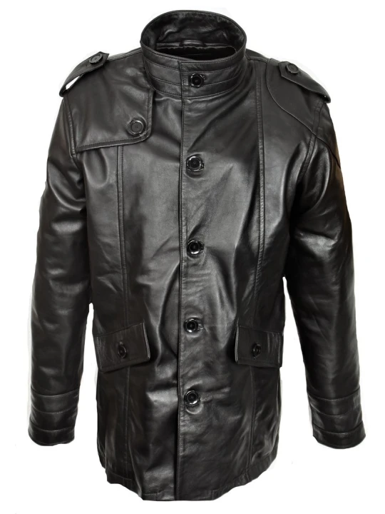 Men Sophisticated Real Sheepskin Black Leather Long Trench Coat