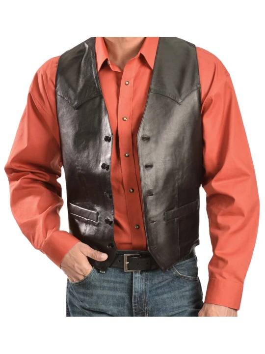 Men Amazing Look Real Lambskin Black Leather Sleeveless Vest Coat