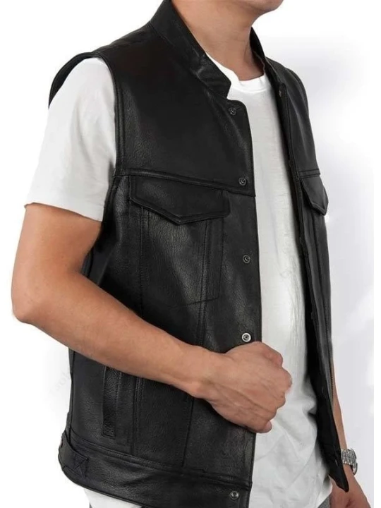 Men Classic Real Lambskin Black Leather Sleeveless Vest Coat