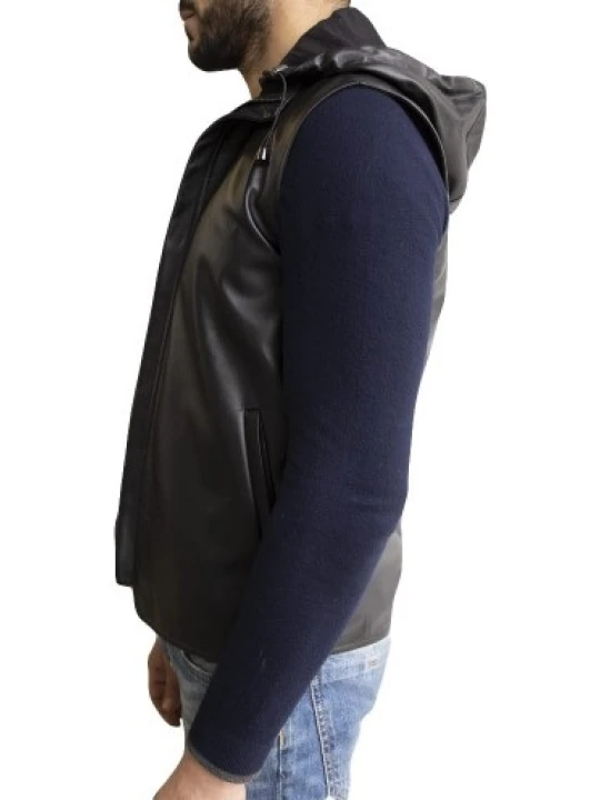 Men Cool Look Hooded Real Lambskin Black Leather Sleeveless Vest Coat