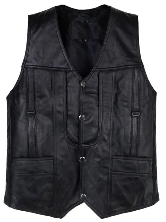 Men Elegant Style Real Lambskin Black Leather Sleeveless Vest Coat