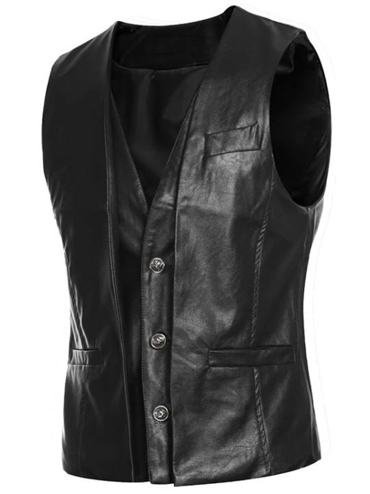 Men Fabulous Real Lambskin Black Leather Sleeveless Vest Coat