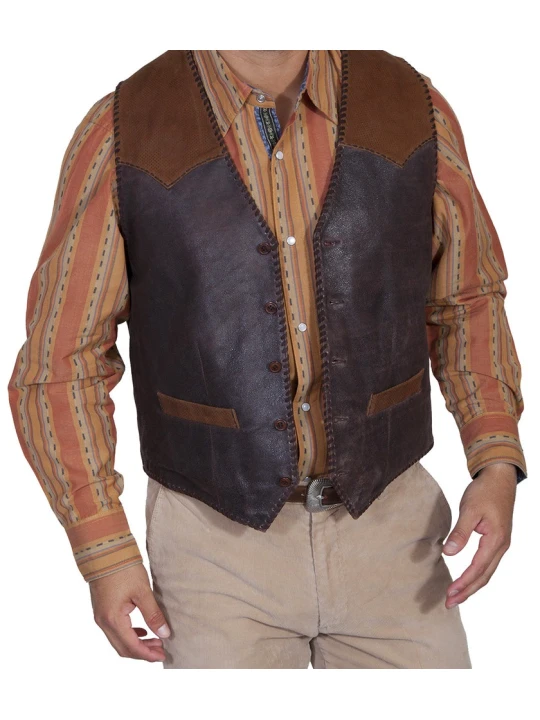 Men Suede Yoke Real Lambskin Dark Brown Leather Sleeveless Vest Coat