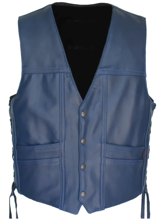 Men Unique Look Real Lambskin Blue Leather Sleeveless Vest Coat