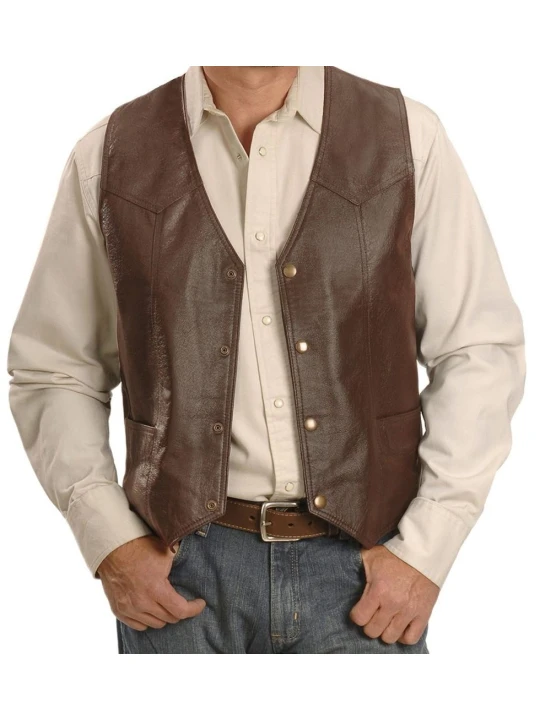 Men Western Wear Real Lambskin Brown Leather Sleeveless Vest Coat