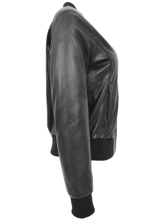 Women Classy Real Lambskin Black Leather Bomber Jacket