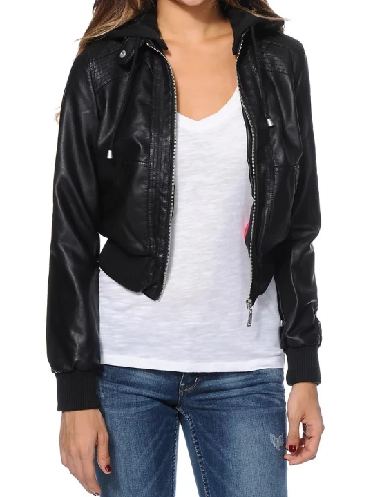 Women Dashing Look Hooded Real Lambskin Black Leather Bomber Jacket