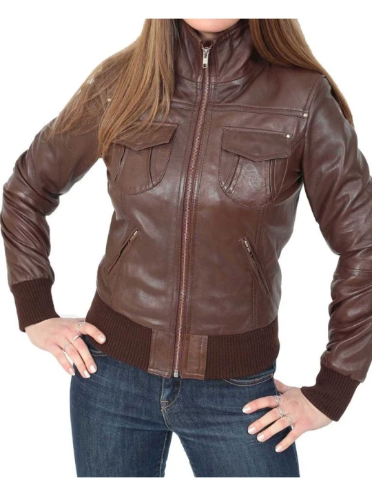 Women Elegant Style Real Lambskin Brown Leather Bomber Jacket