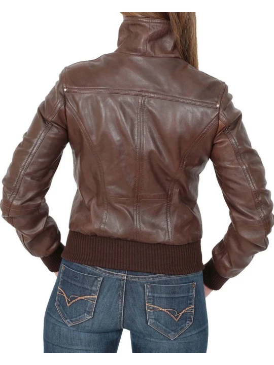 Women Elegant Style Real Lambskin Brown Leather Bomber Jacket
