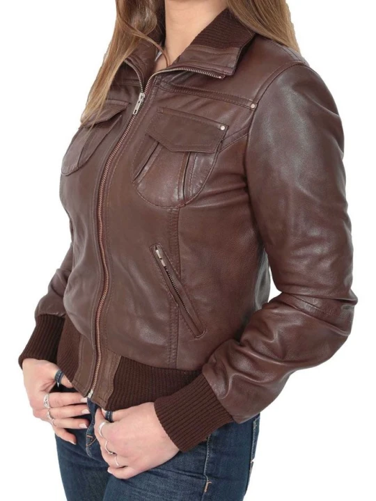 Women Elegant Style Real Lambskin Brown Leather Bomber Jacket
