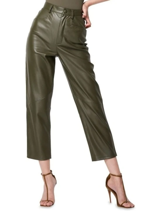 Women Awesome Look Real Lambskin Olive Green Leather Capris Trousers Pants