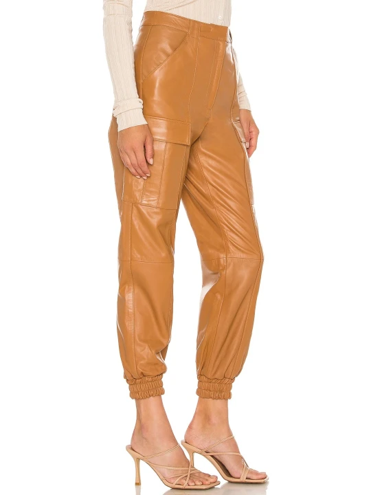 Women Cargo Style Real Lambskin Tan Leather Capris Trousers Pants