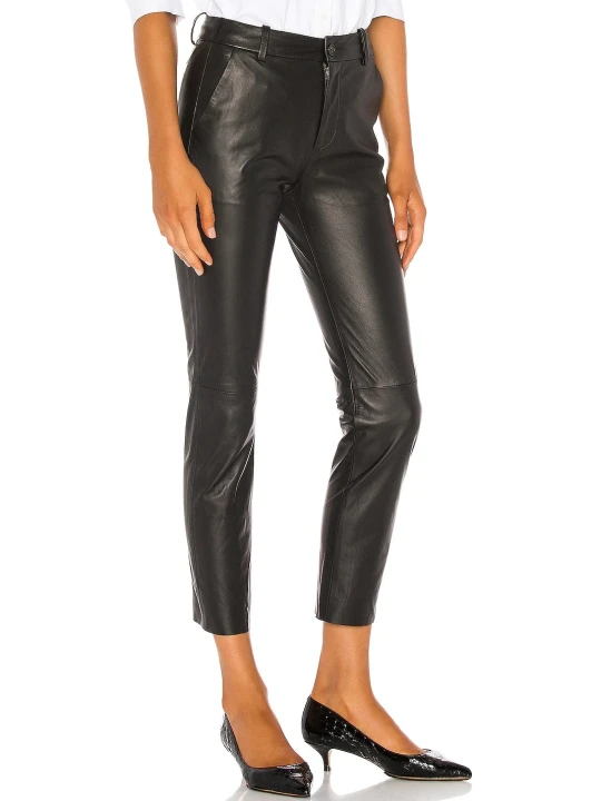 Women Classy Real Lambskin Black Leather Capris Trousers Pants
