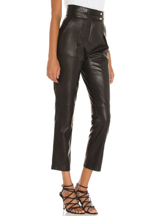 Women Elegant Style Real Lambskin Black Leather Capris Trousers Pants