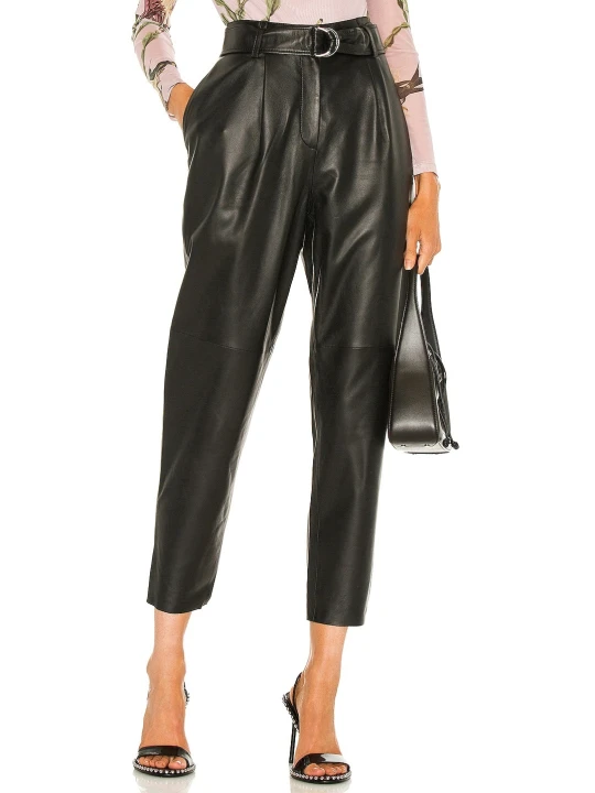 Women High Fashion Real Lambskin Black Leather Capris Trousers Pants