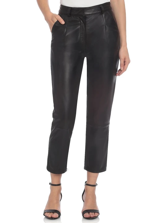 Women Smart Real Lambskin Black Leather Capris Trousers Pants