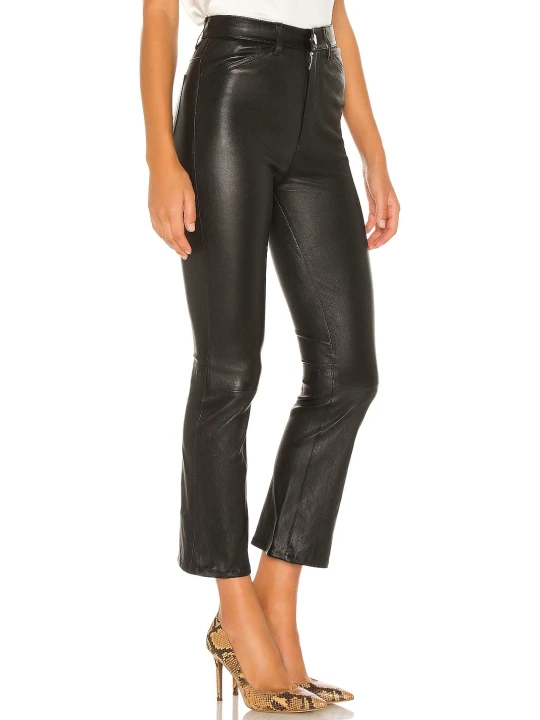 Women Street Wear Real Lambskin Black Leather Capris Trousers Pants