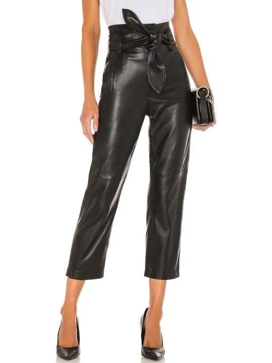 Women Trendy Real Lambskin Black Leather Capris Trousers Pants