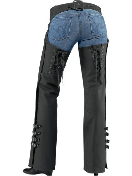 Women Classic Real Sheepskin Black Leather Motorcycle Chaps