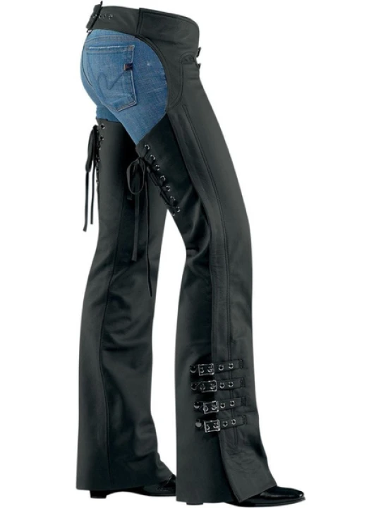 Women Classic Real Sheepskin Black Leather Motorcycle Chaps