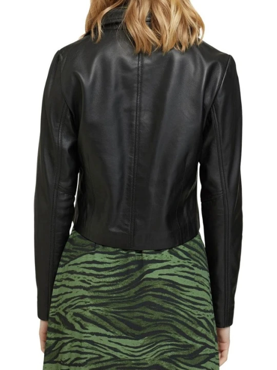 Women Cropped Real Lambskin Black Leather Jacket