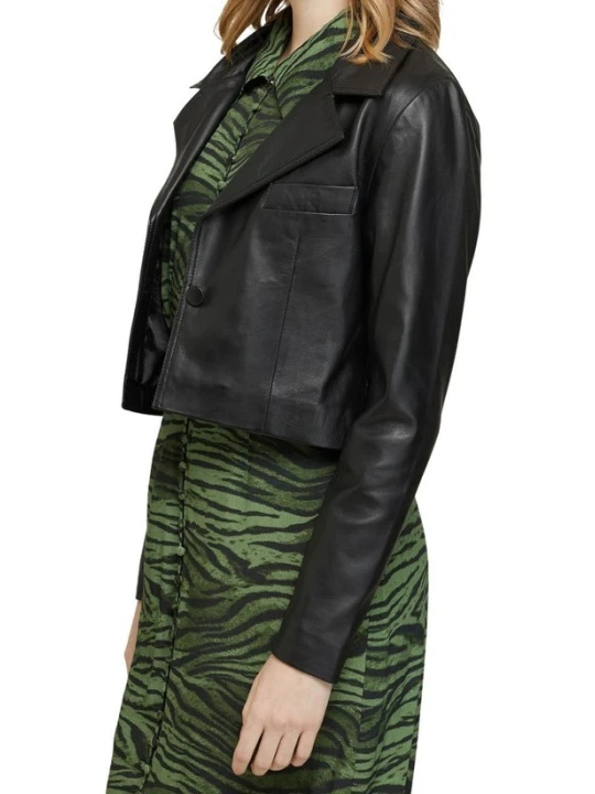 Women Cropped Real Lambskin Black Leather Jacket
