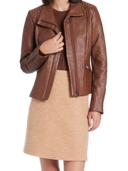 Women Quilted Shoulder Real Lambskin Brown Leather Jacket