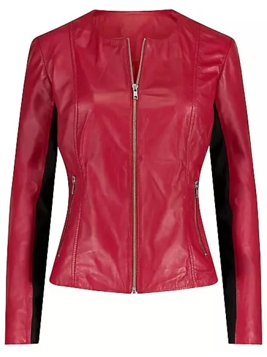 Women Round Neck Real Lambskin Cherry Red Leather Jacket