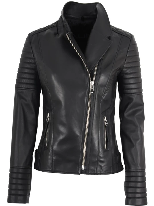 Women Biker Quilted Sleeve Real Lambskin Black Leather Motorcycle Jacket