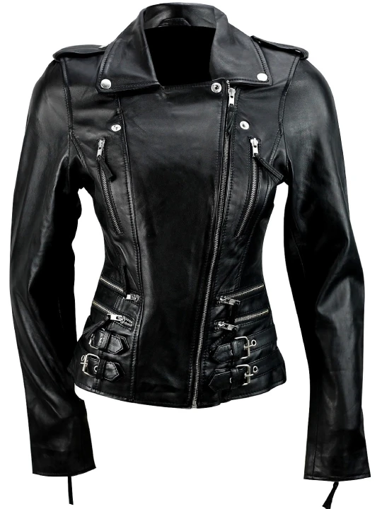 Women Biker Side Belted Real Lambskin Black Leather Motorcycle Jacket