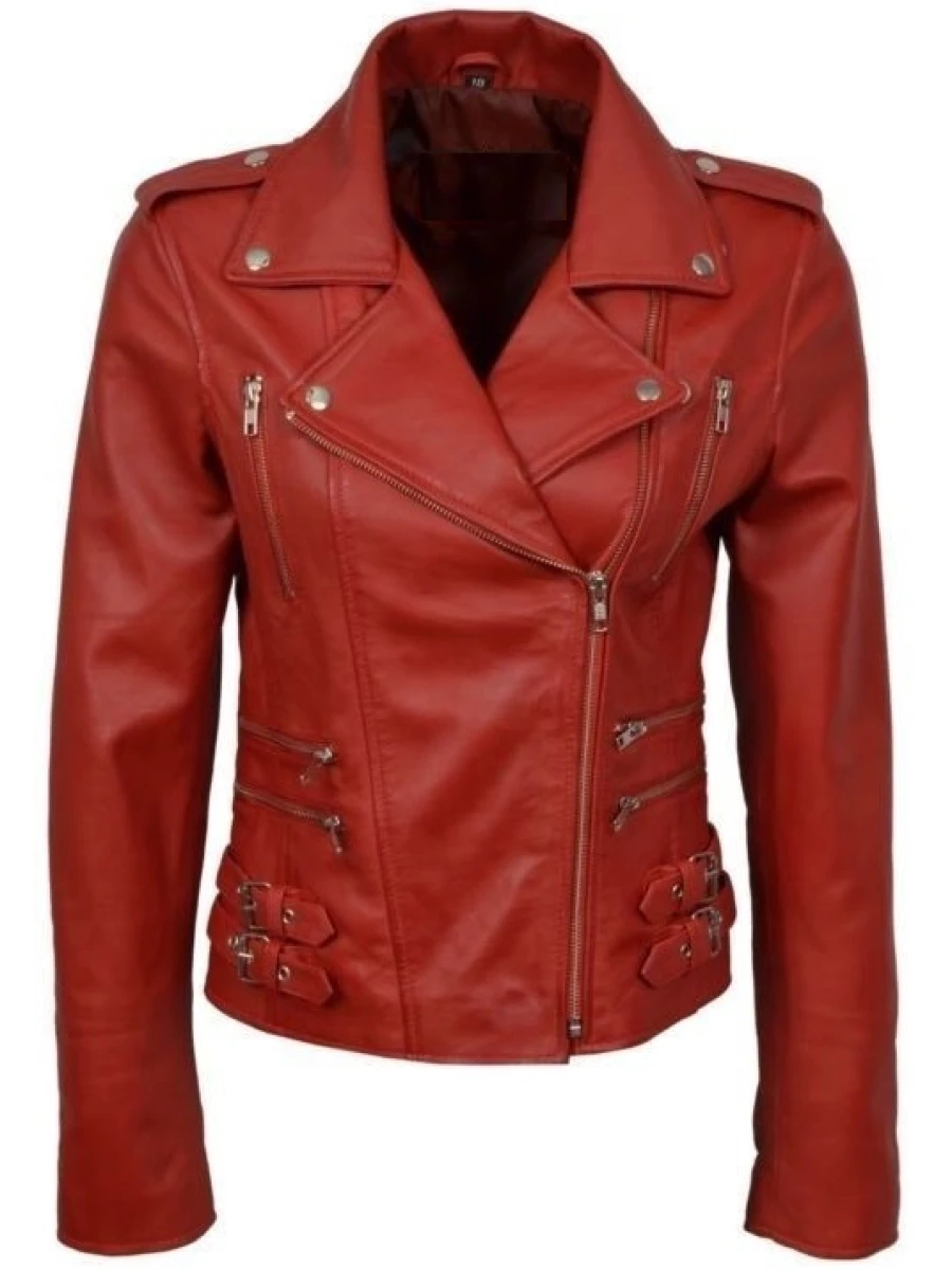 Women Biker Side Belted Real Lambskin Cherry Red Leather Motorcycle Jacket