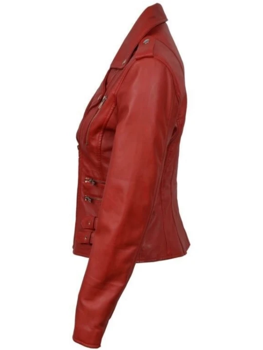 Women Biker Side Belted Real Lambskin Cherry Red Leather Motorcycle Jacket