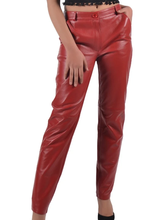 Women Great Look Real Lambskin Red Leather Trousers Pants