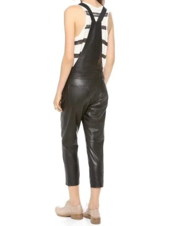 Women Edgy Real Lambskin Black Leather Overall Dungarees Romper