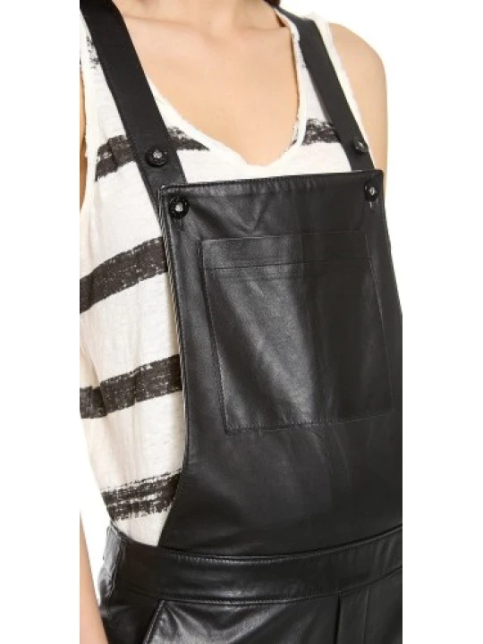 Women Edgy Real Lambskin Black Leather Overall Dungarees Romper