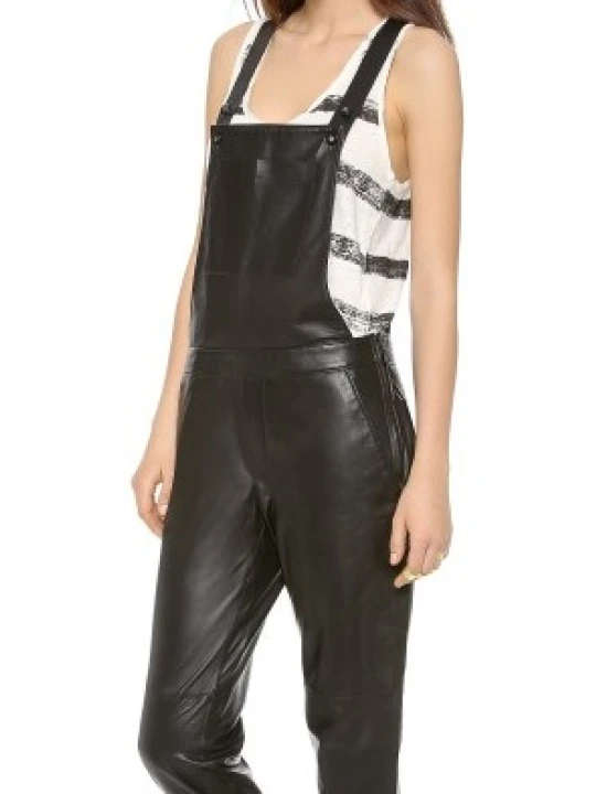 Women Edgy Real Lambskin Black Leather Overall Dungarees Romper