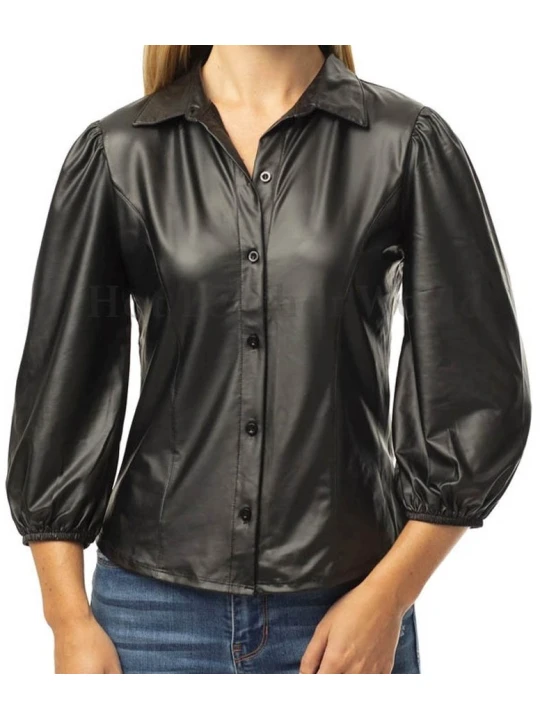 Women Dashing Real Lambskin Black Leather Shirt
