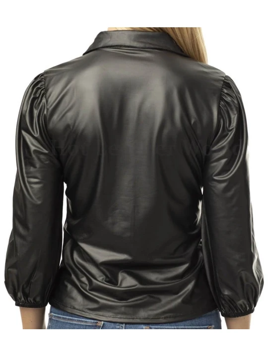 Women Dashing Real Lambskin Black Leather Shirt