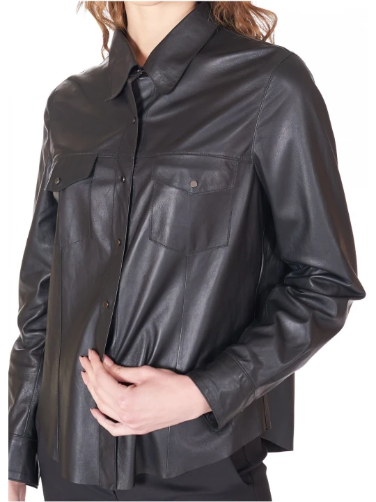 Women Trendy Real Lambskin Black Leather Shirt