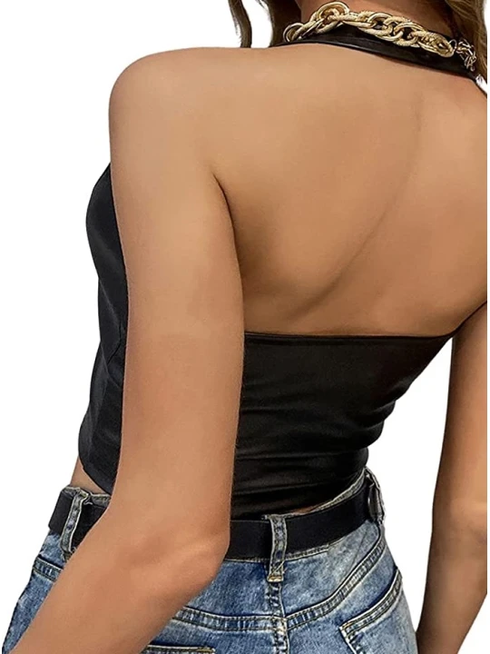 Women Bold Fashion Real Lambskin Black Leather Tops