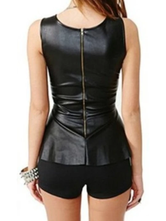 Women Great Look Real Lambskin Black Leather Tops